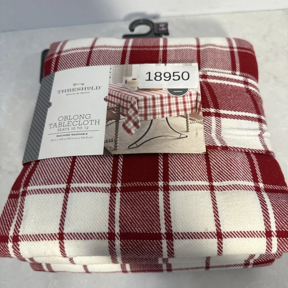 Threshold Plaid Cotton Tablecloth White Red Checked Pattern Oblong NWT 60X120